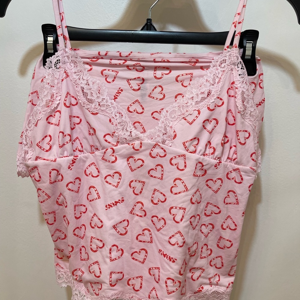 SKIMS Pink and Red Heart Pajama Top